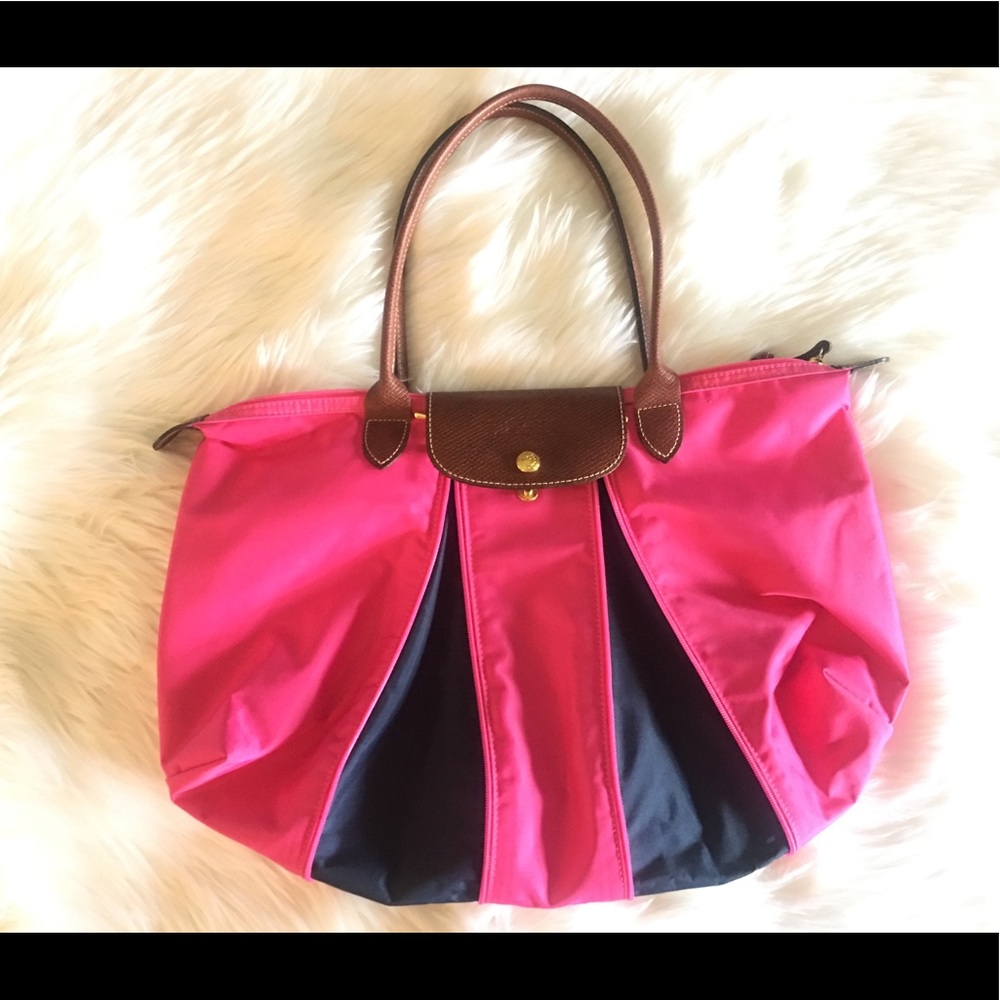 Longchamp Le Pliage Expandable Pink and Navy Tote